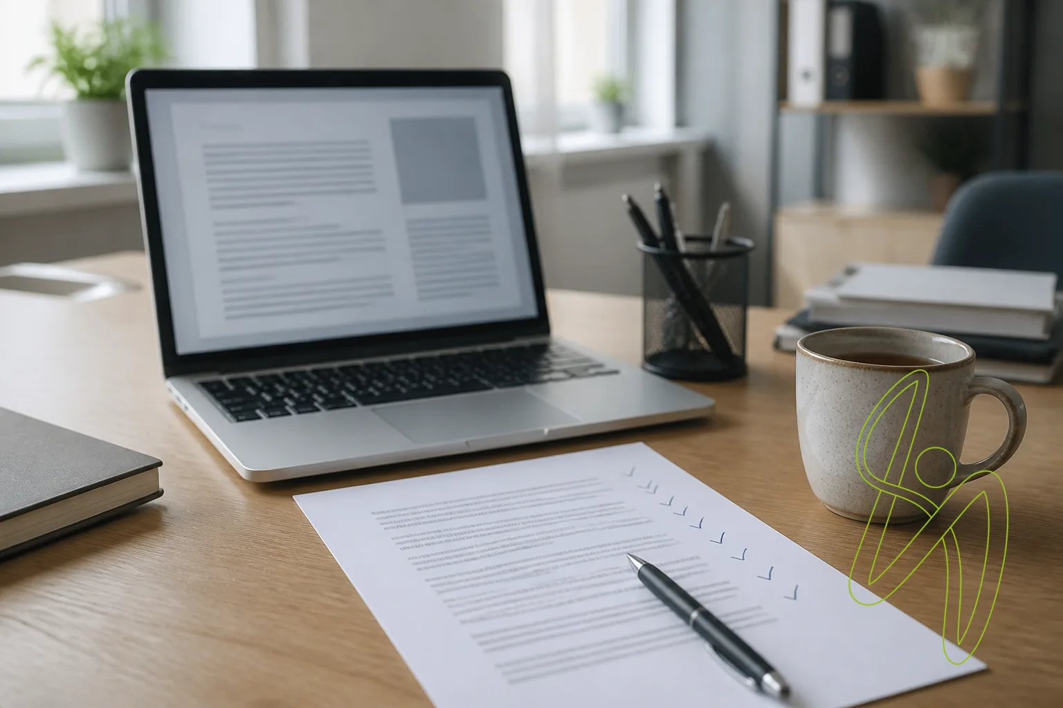 Office desk with a laptop, a printed page marked with ticks, a pen and a mug of tea in daylight