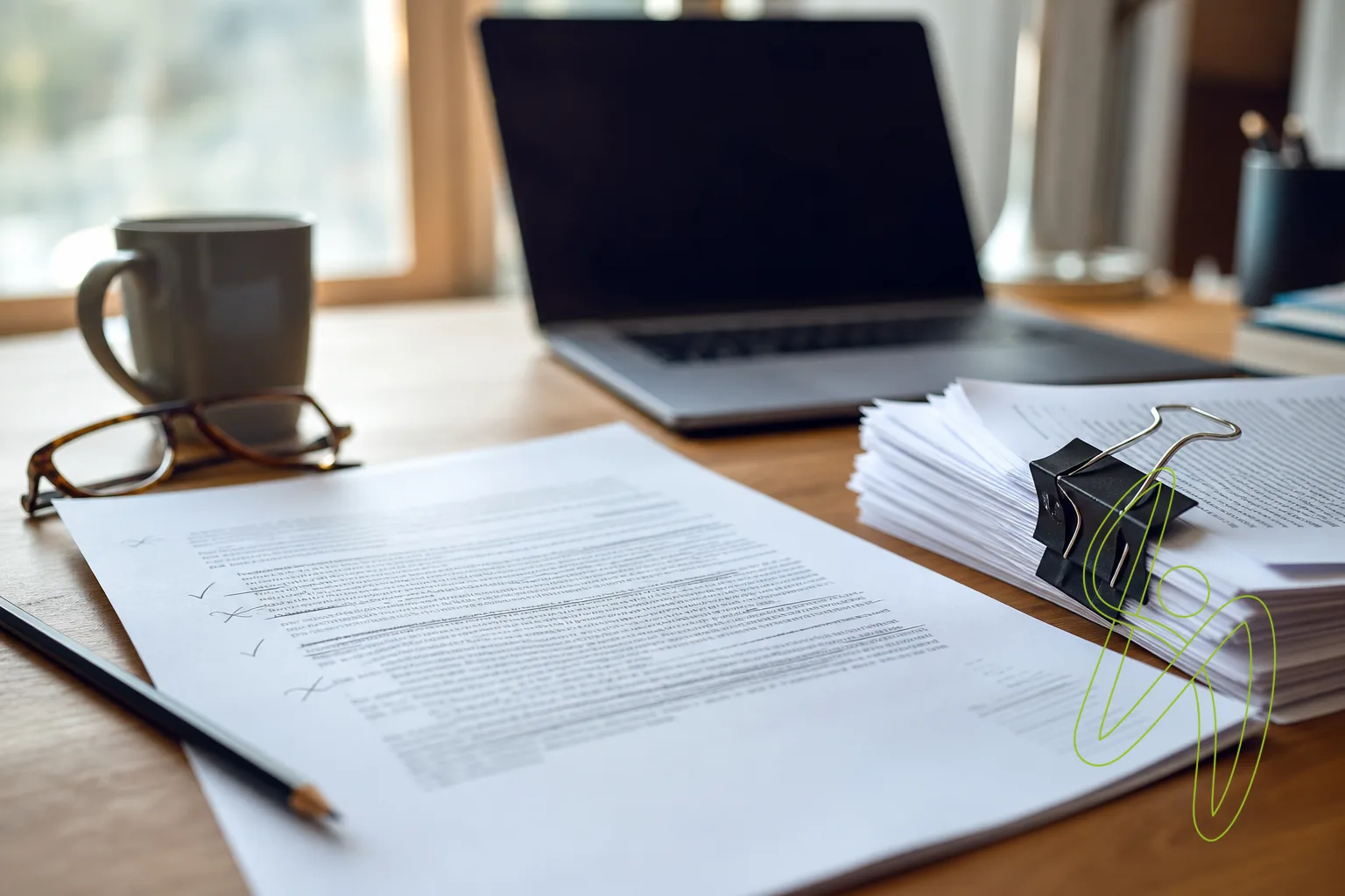 Printed draft with pencil corrections beside a stack of source papers and a laptop on an office desk