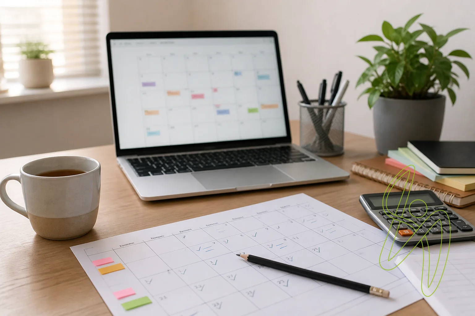 A desk with a laptop, printed monthly planner, calculator and mug of tea in daylight