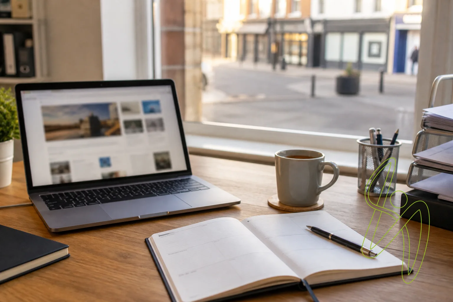 A laptop showing a blurred news page on an office desk, with a mug of tea and an open paper diary