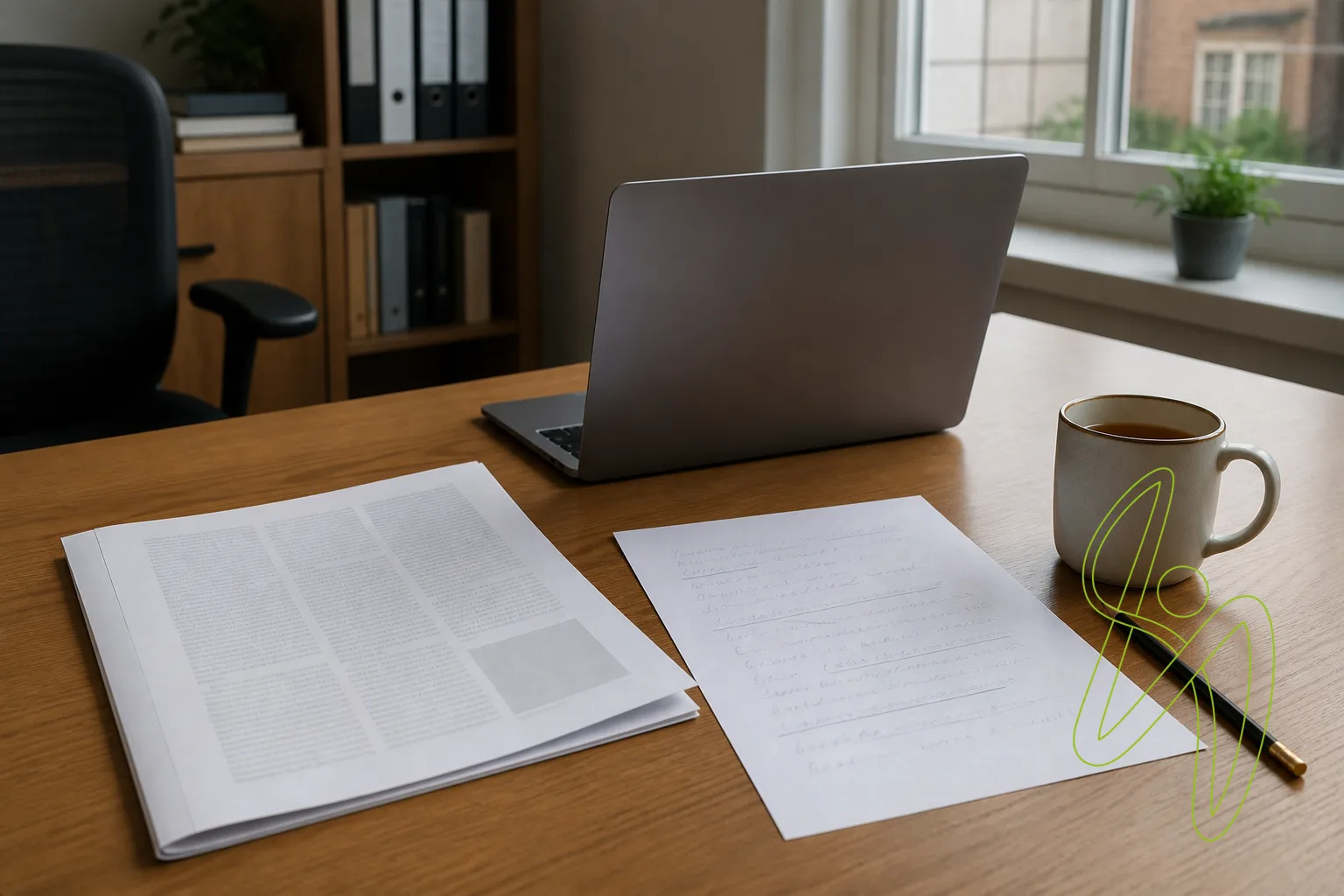 A desk with a printed article beside a sheet of pencil-marked notes, a mug of tea and a closed laptop.