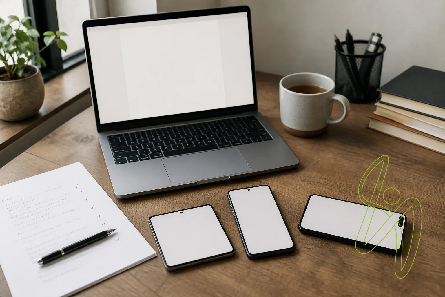 A desk with a laptop, three phones with blank screens, a page of ticked notes and a mug of tea