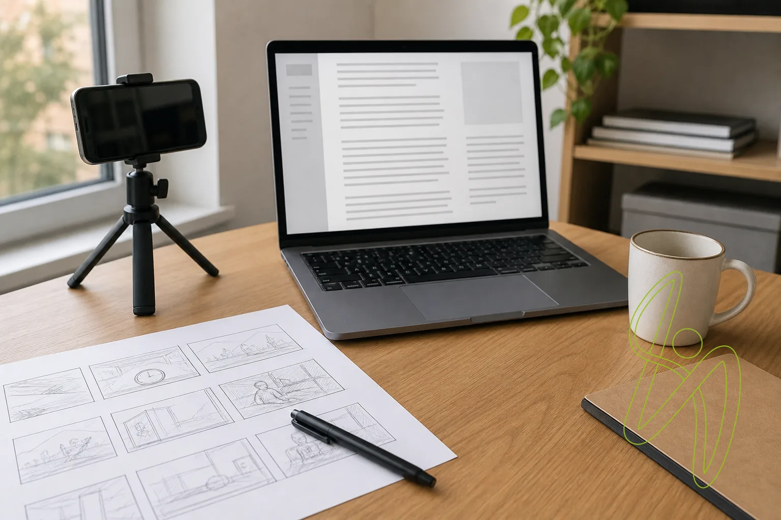 Office desk with a laptop, a phone on a small tripod and a printed storyboard sheet beside a mug