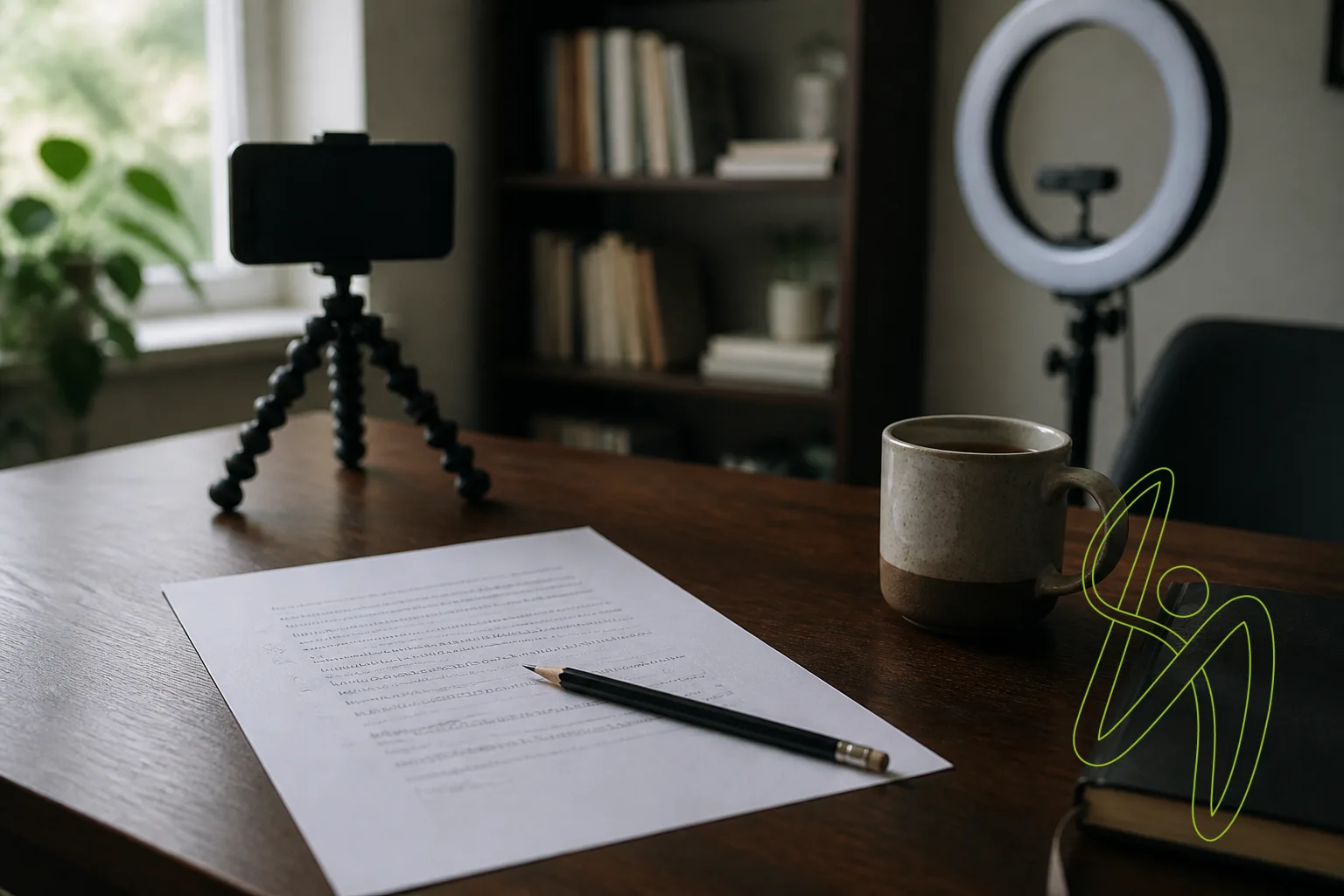 Desk with a marked-up printed script, a phone on a tripod, a ring light and a notebook in daylight