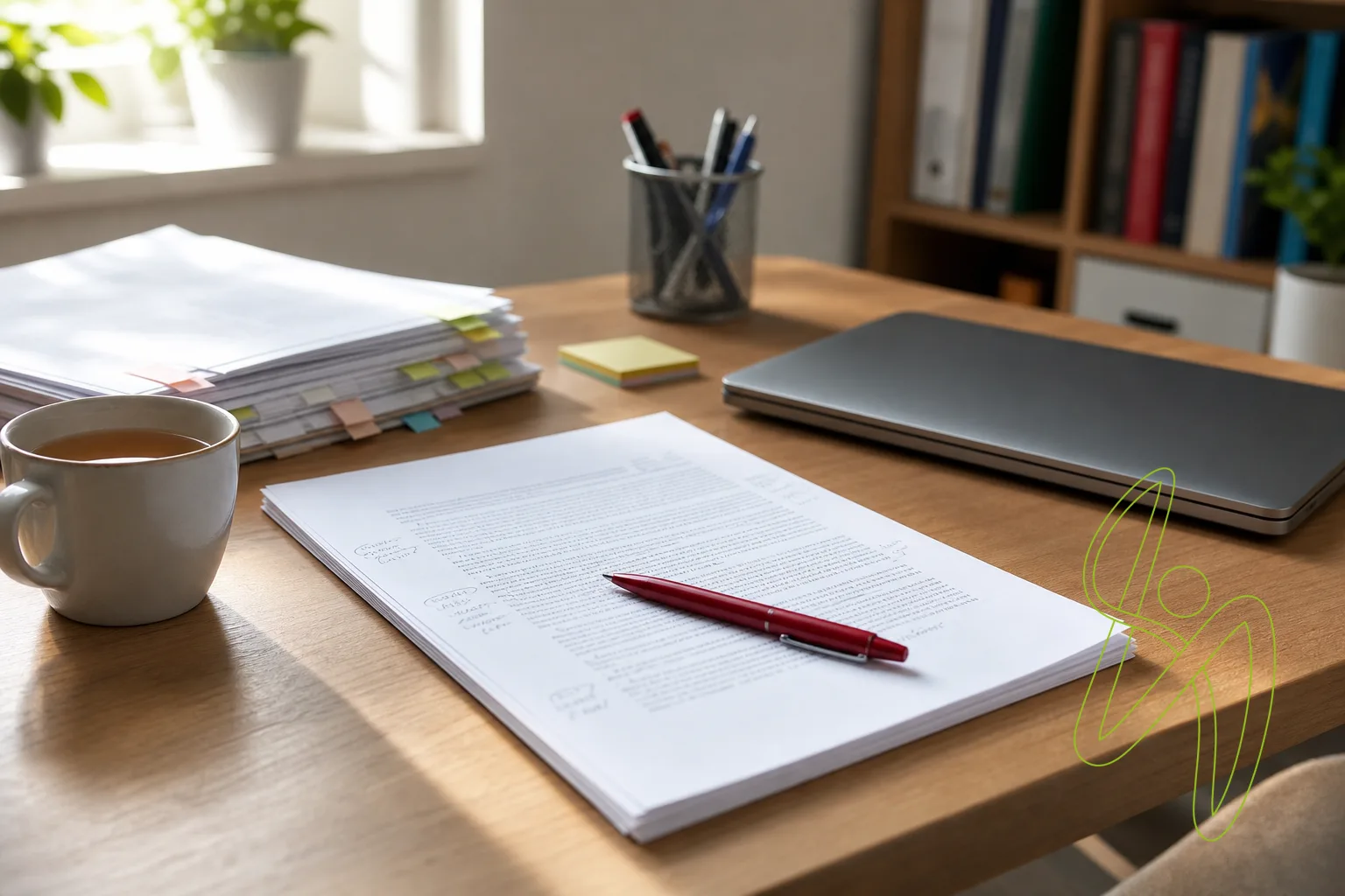 A printed draft article with pencil edits on an office desk beside a laptop, a red pen and tabbed reference papers.