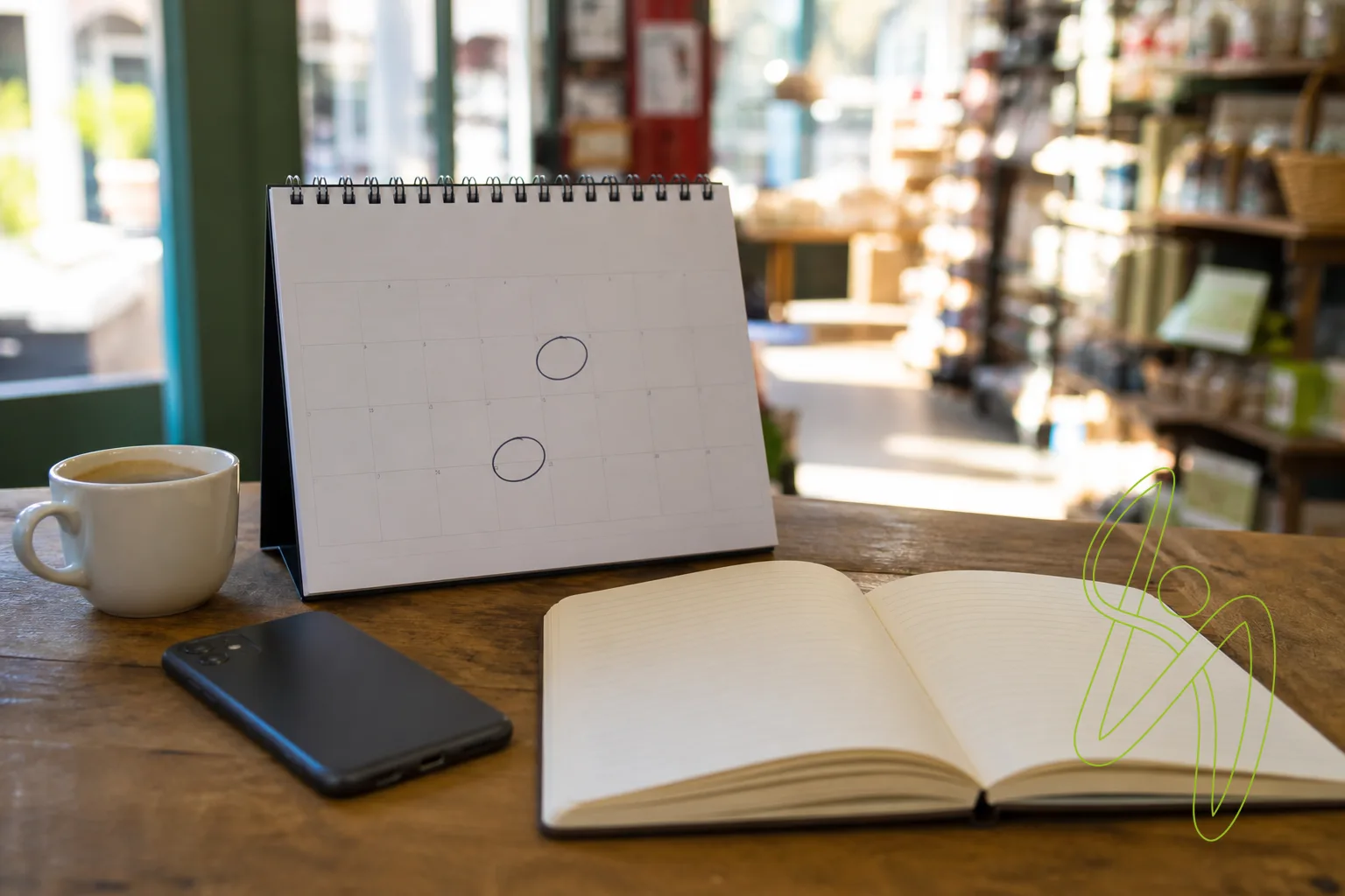A shop counter with a phone face down, a desk calendar with two days circled, a coffee cup and a notebook