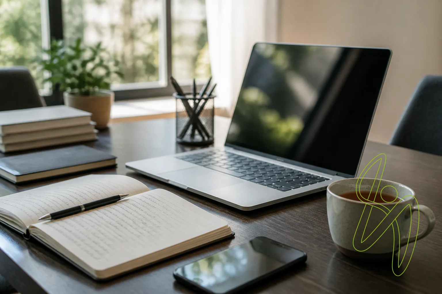 A tidy office desk with an open laptop, a notebook of handwritten drafts, a mug of tea and a phone