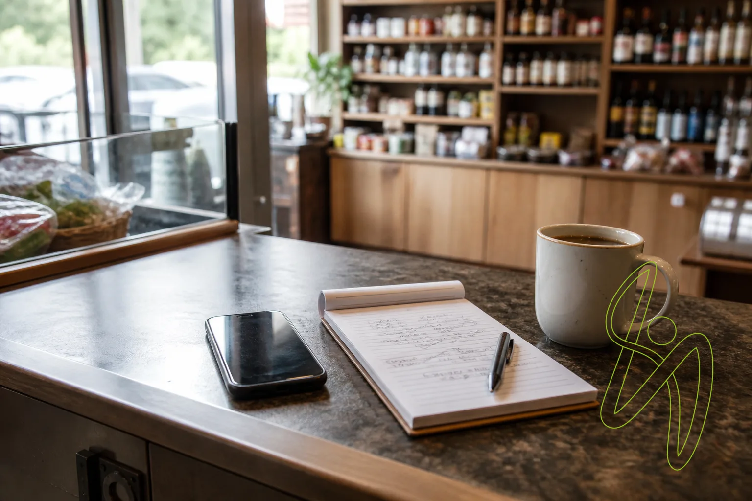 A smartphone, coffee cup and open notebook on a shop counter in soft morning light