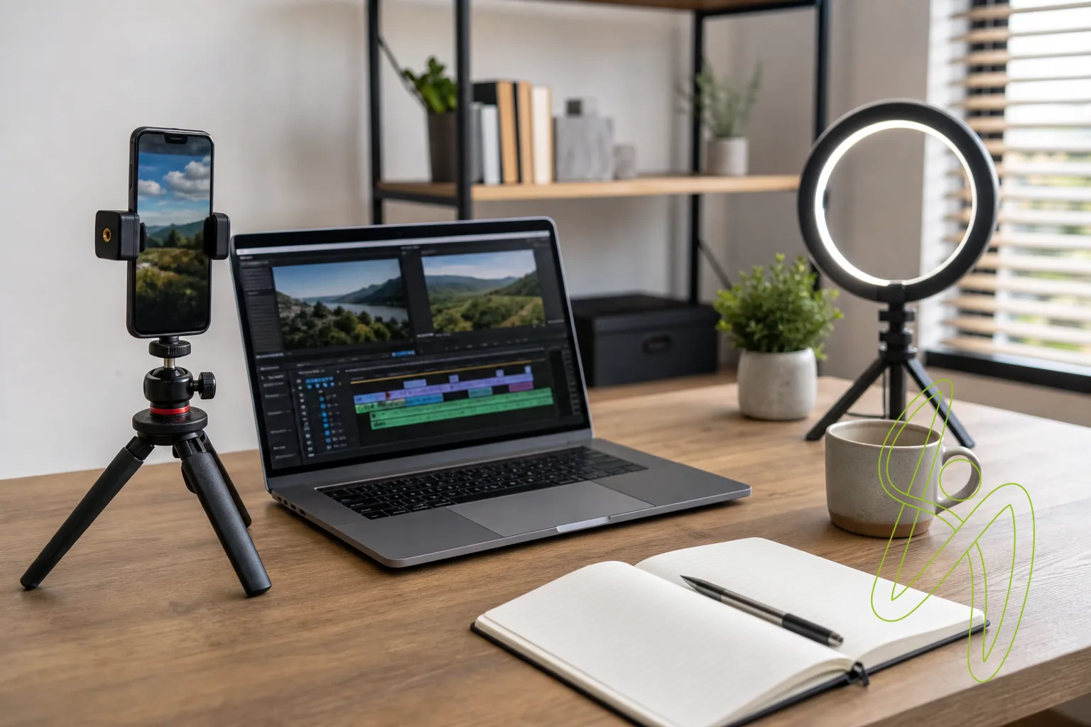 A desk with a phone on a tripod set up for vertical video next to a laptop showing a video editing timeline